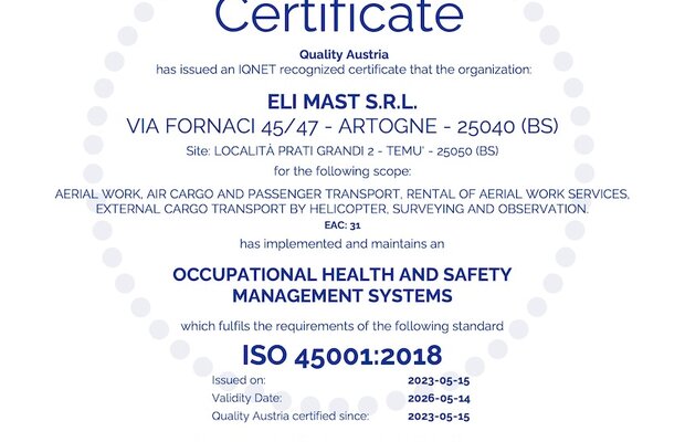 UNI 45001:2018 certificate